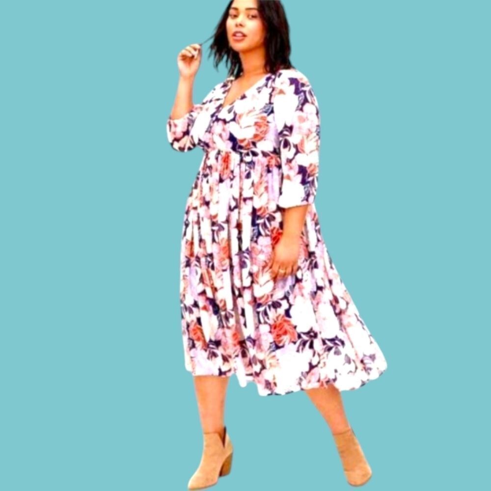 TORRID NEW Navy Floral Swiss Dot Button down Tea- Length Dress. - Picture 2 of 16